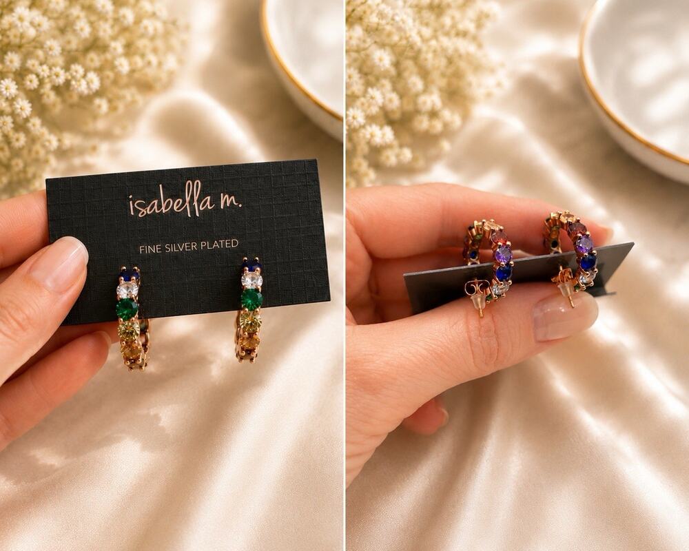 Multi Color Gemstone Hoop Earrings Silver Plated Rainbow